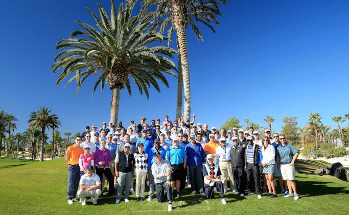 LAS VEGAS, NV - NOVEMBER 14: Ernie Els of South Africa is joined by all the players for a group picture during the 2015 Els For Autism Golf Challenge Finale at the Bali Hai Golf Club on November 14, 2015 in Las Vegas, Nevada. (Photo by David Cannon/Getty Images)
