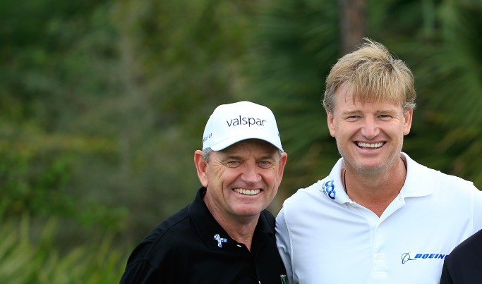 PALM BEACH GARDENS, FL - MARCH 07: Ernie Els of South Africa with Retief Goosen and Nick Price during the Els for Autism Pro-am at the Old Palm Golf Club on March 7, 2016 in Palm Beach Gardens, Florida. (Photo by David Cannon/Getty Images)